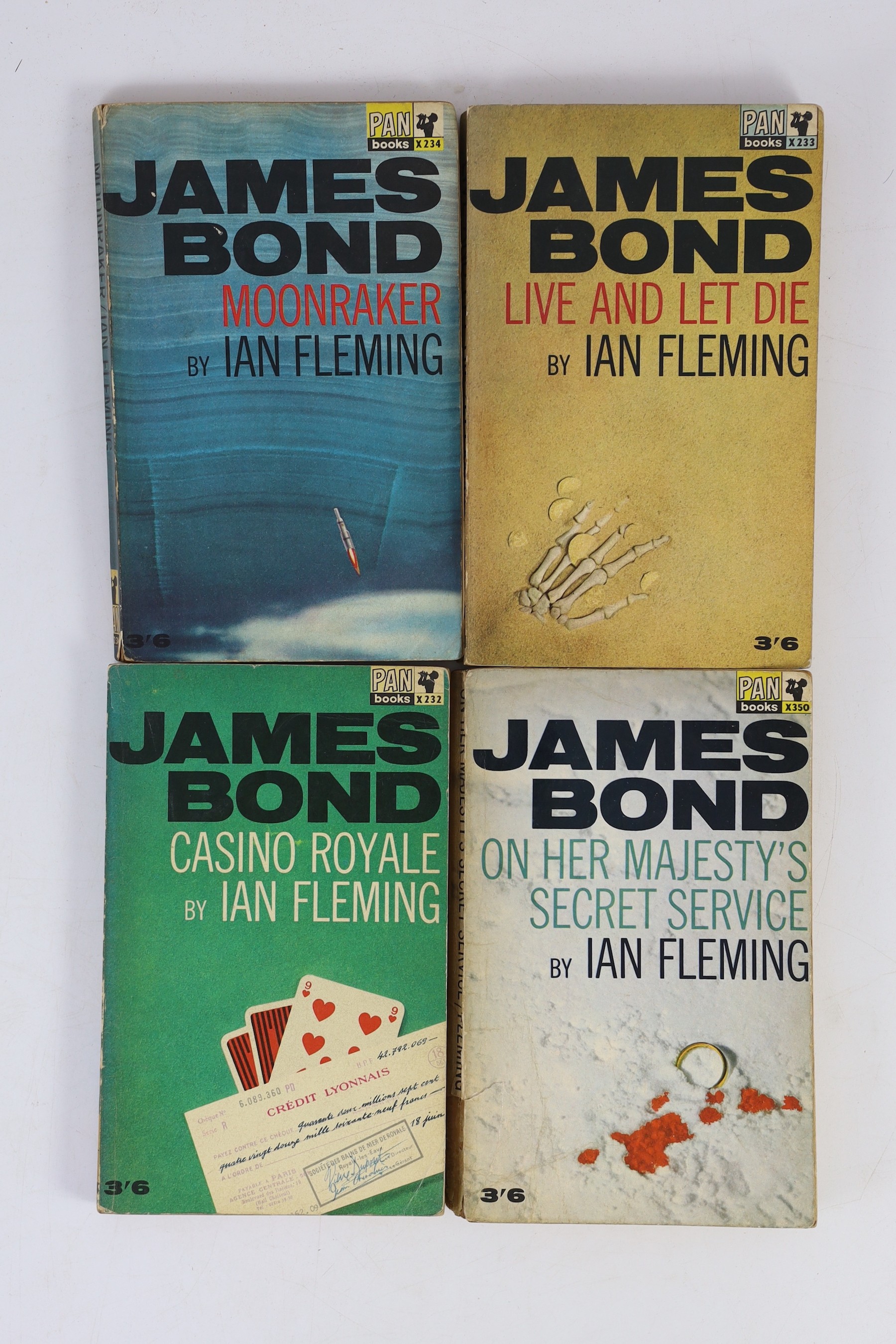 Fleming, Ian - 12 paperbacks, published by Pan Books, consisting - Casino Royale, 1964; Live and Let Die, 1965; Moonraker, 1964; Diamonds Are Forever, 1965; From Russia with Love, 1965; Dr. No, 1964; Goldfinger, 1964; Fo